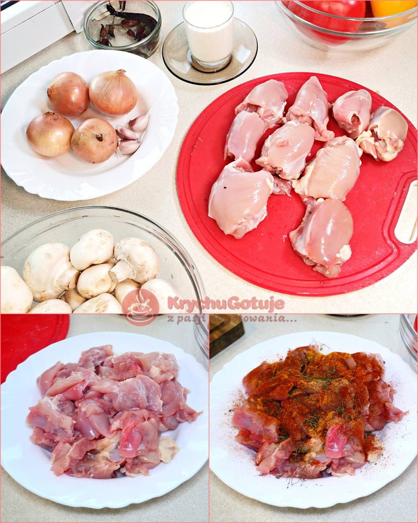 Składniki: podudzia kurczaka, pieczarki, cebula, czosnek